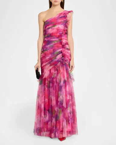 THEIA Myrtle One-Shoulder Ruffle Tulle Mermaid Gown | Thumbnail 2 THEIA Myrtle One-Shoulder Ruffle Tulle Mermaid Gown | Thumbnail 2