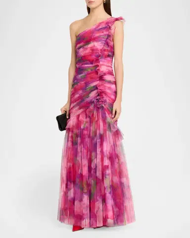 THEIA Myrtle One-Shoulder Ruffle Tulle Mermaid Gown | Thumbnail 4 THEIA Myrtle One-Shoulder Ruffle Tulle Mermaid Gown | Thumbnail 4