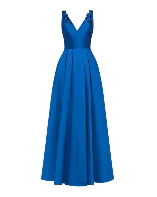 Theia Velina Pleated Floral Applique Mikado Gown