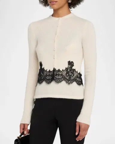 Adam Lippes Briar Lace-Trim Cashmere Knit Crewneck Cardigan | Thumbnail 4 Adam Lippes Briar Lace-Trim Cashmere Knit Crewneck Cardigan | Thumbnail 4