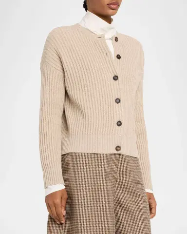 Brunello Cucinelli Shimmering Cashmere-Wool English Rib Crewneck Cardigan | Thumbnail 4 Brunello Cucinelli Shimmering Cashmere-Wool English Rib Crewneck Cardigan | Thumbnail 4