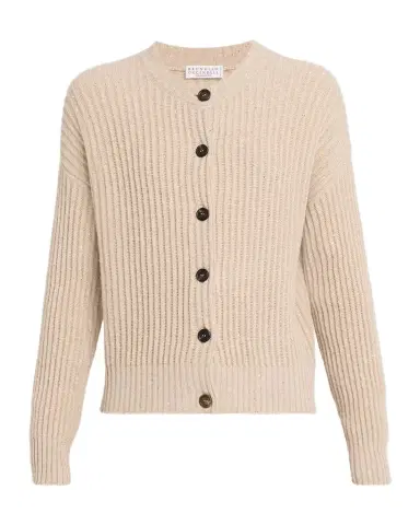 Brunello Cucinelli Shimmering Cashmere-Wool English Rib Crewneck Cardigan | Thumbnail 1 Brunello Cucinelli Shimmering Cashmere-Wool English Rib Crewneck Cardigan | Thumbnail 1