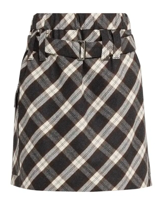 Brunello Cucinelli Wool-Blend Belted Plaid Skirt