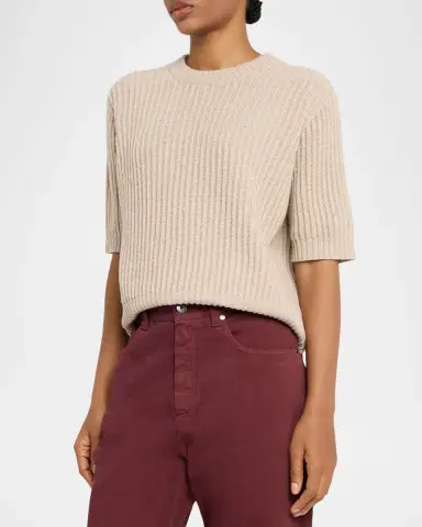 Brunello Cucinelli Shimmering Cashmere English Rib Short-Sleeve Sweater | Thumbnail 4 Brunello Cucinelli Shimmering Cashmere English Rib Short-Sleeve Sweater | Thumbnail 4