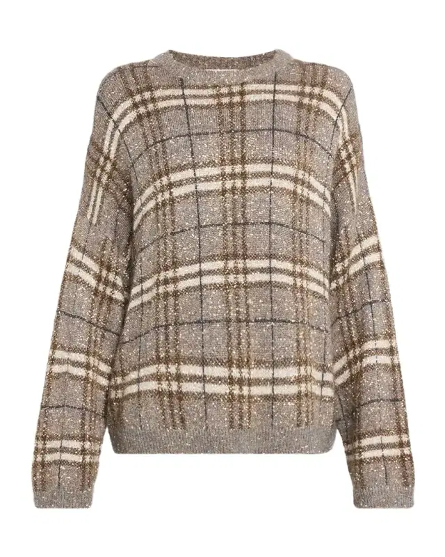 Brunello Cucinelli Drop-Shoulder Relaxed Plaid Sweater
