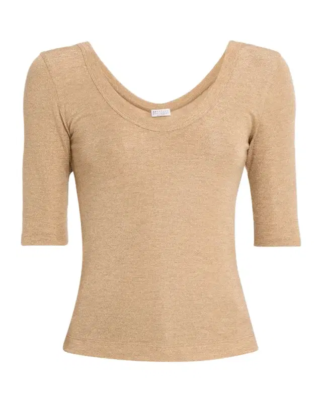 Brunello Cucinelli Shimmering Knit Elbow-Sleeve Blouse