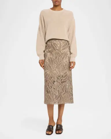 Brunello Cucinelli Leaf-Pattern Openwork Midi Skirt | Thumbnail 2