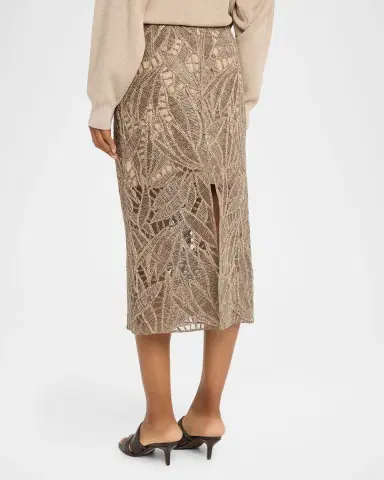 Brunello Cucinelli Leaf-Pattern Openwork Midi Skirt | Thumbnail 3