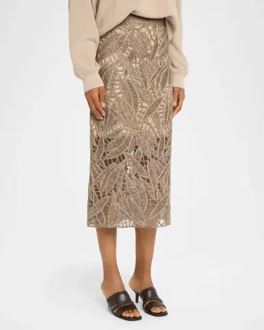 Brunello Cucinelli Leaf-Pattern Openwork Midi Skirt | Thumbnail 4
