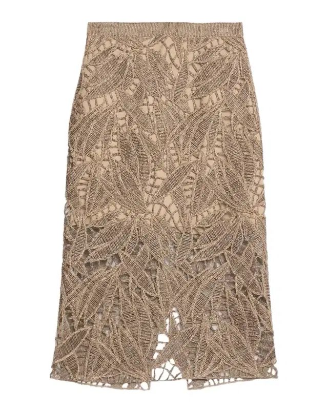 Brunello Cucinelli Leaf-Pattern Openwork Midi Skirt
