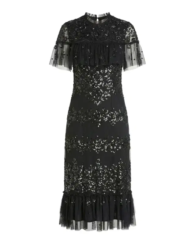 Mac Duggal Ruffle-Trim Sequin Mesh Midi Dress