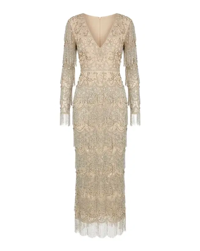Mac Duggal Fringed Crystal-Embellished Maxi Dress