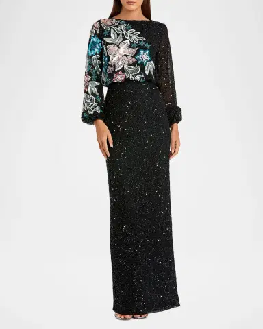 Mac Duggal Beaded Floral Sequin Column Gown | Thumbnail 2 Mac Duggal Beaded Floral Sequin Column Gown | Thumbnail 2