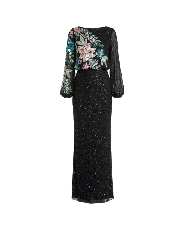 Mac Duggal Beaded Floral Sequin Column Gown