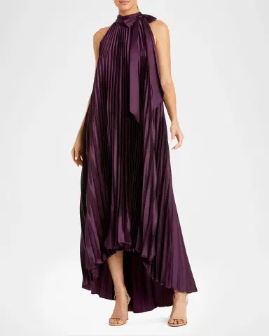 Mac Duggal High-Low Pleated Satin Trapeze Gown | Thumbnail 2