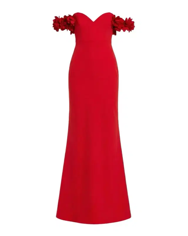 Crepe 3D Flower Off-The-Shoulder Gown