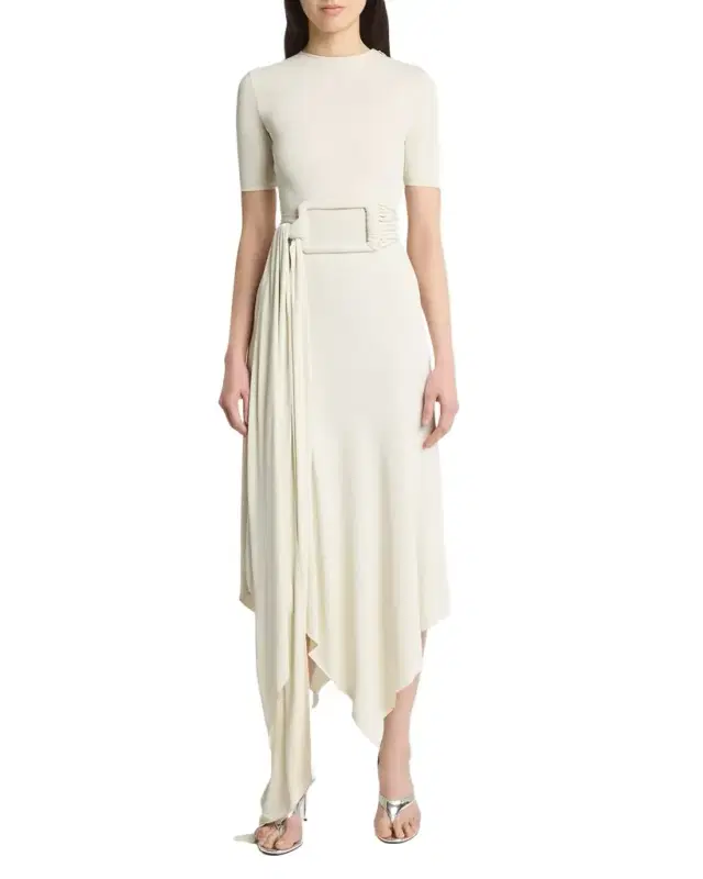 ALAÏA Asymmetric Fluid Jersey Belted Midi Dress