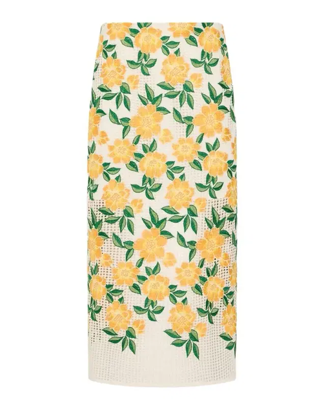Marta Floral-Embroidered Straight Midi Skirt
