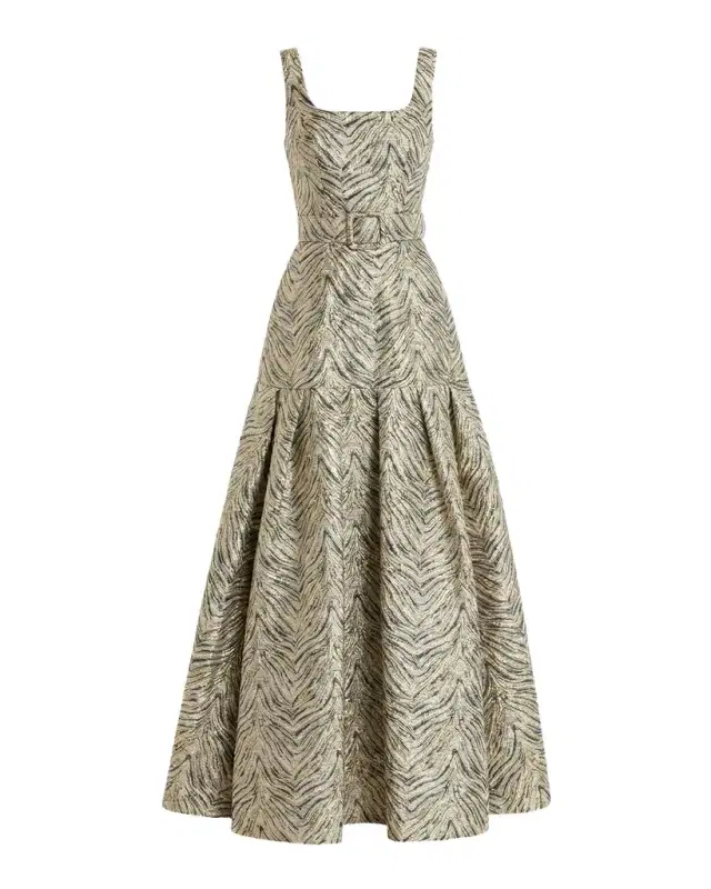 Mac Duggal Evening Metallic Brocade Belted Gown