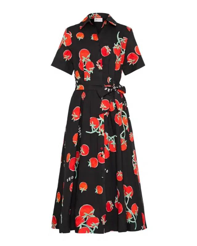 Lexi Pleated Tomato-Print Midi Shirtdress