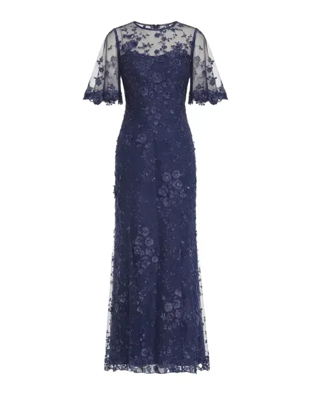Mac Duggal Flutter-Sleeve Embroidered Lace Gown
