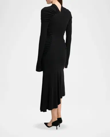 Victoria Beckham High-Neck Contour-Ruched Midi Dress | Thumbnail 2