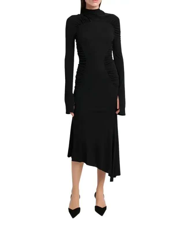 Victoria Beckham High-Neck Contour-Ruched Midi Dress