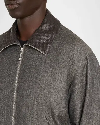 Bottega Veneta Men's Shadow Stripe Intrecciato Leather-Collar Jacket | Thumbnail 4 Bottega Veneta Men's Shadow Stripe Intrecciato Leather-Collar Jacket | Thumbnail 4