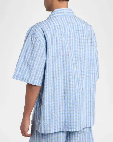 Bottega Veneta Men's Cotton and Silk Textured Plaid Short-Sleeve Shirt | Thumbnail 2 Bottega Veneta Men's Cotton and Silk Textured Plaid Short-Sleeve Shirt | Thumbnail 2