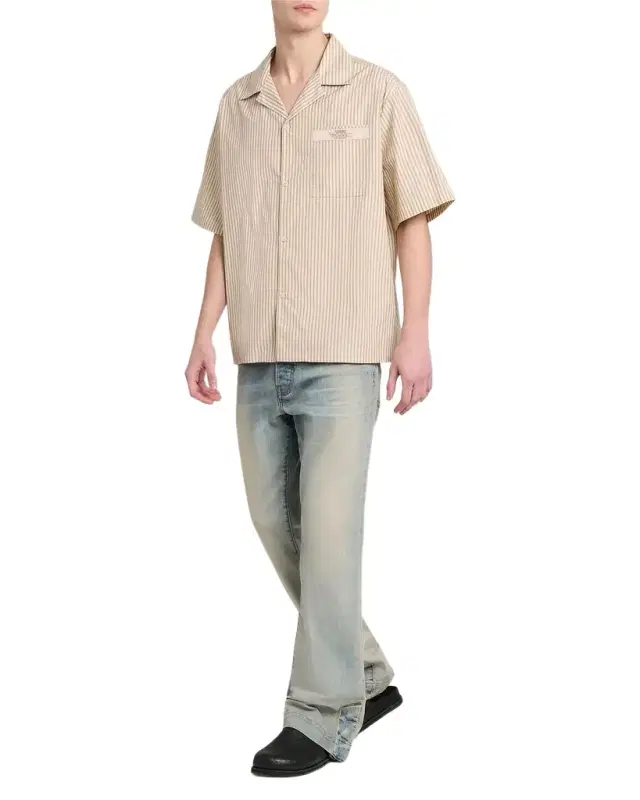 Men 's Spirit Stripe Cotton Poplin Label-Pocket Camp Shirt