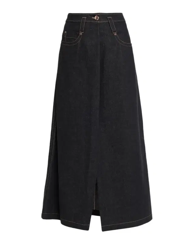 Brunello Cucinelli Denim A-Line Slit Maxi Skirt