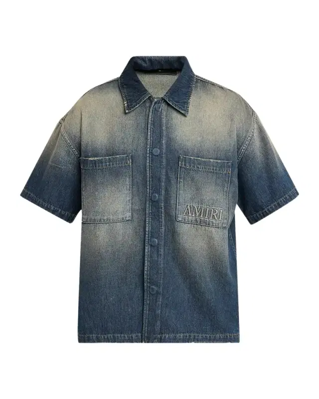 Amiri Men 's Denim Embossed-Logo Short-Sleeve Shirt