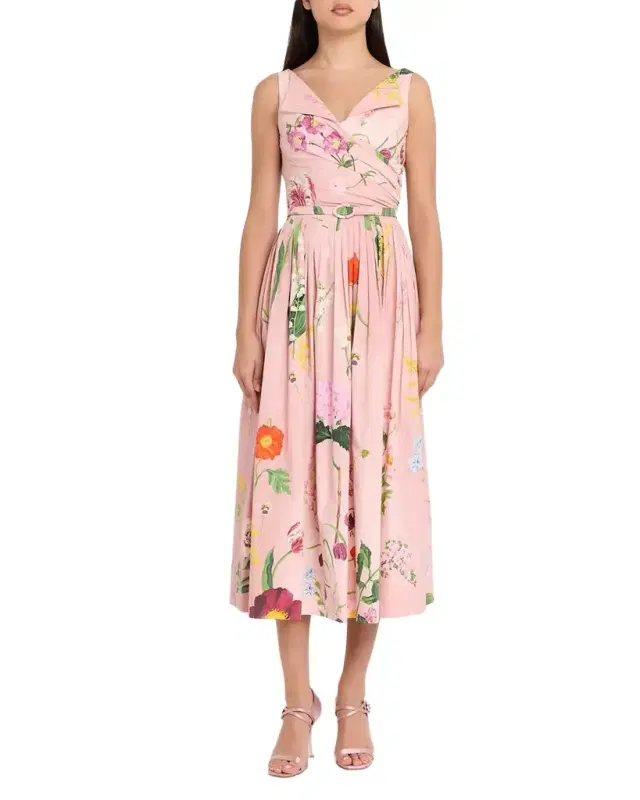 Sleeveless Mixed Botanical Draped Cotton Midi Dress