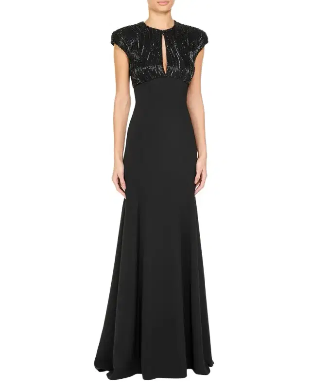 Jenny Packham Moonveil Tonal Sequin Cap-Sleeve Gown