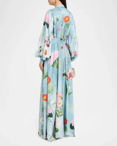Oscar de la Renta Long-Sleeve Mixed Botanical Silk Twill Belted Maxi Dress | Thumbnail 2 Oscar de la Renta Long-Sleeve Mixed Botanical Silk Twill Belted Maxi Dress | Thumbnail 2