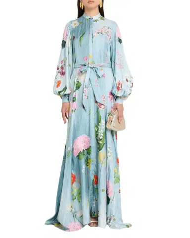 Oscar de la Renta Long-Sleeve Mixed Botanical Silk Twill Belted Maxi Dress | Thumbnail 1 Oscar de la Renta Long-Sleeve Mixed Botanical Silk Twill Belted Maxi Dress | Thumbnail 1