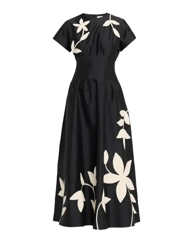 Marvis Floral Embroidered Pleated Ankle Dress