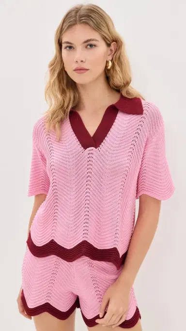 English Factory Scallop Polo Short Sleeve Knit Pink/Burgundy | Thumbnail 2