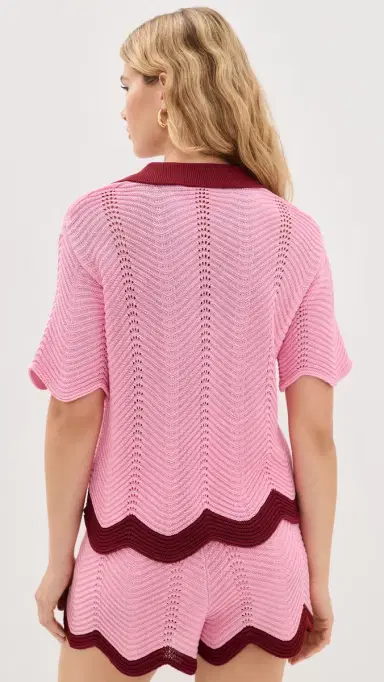 English Factory Scallop Polo Short Sleeve Knit Pink/Burgundy | Thumbnail 3