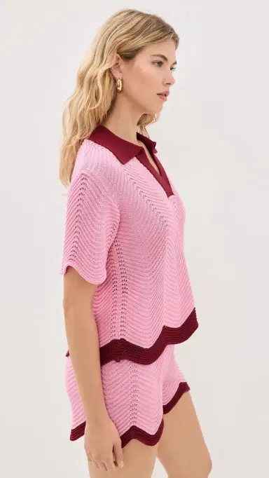 English Factory Scallop Polo Short Sleeve Knit Pink/Burgundy | Thumbnail 4