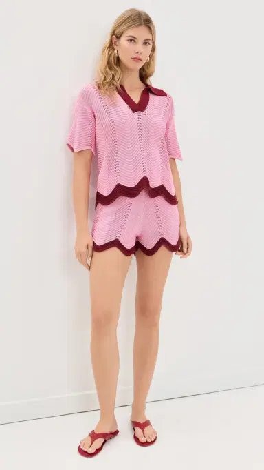 English Factory Scallop Polo Short Sleeve Knit Pink/Burgundy | Thumbnail 5