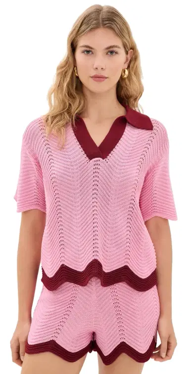 English Factory Scallop Polo Short Sleeve Knit Pink/Burgundy | Thumbnail 1