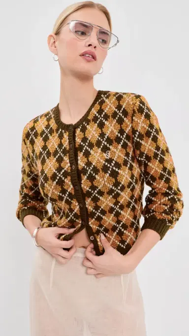 Acne Studios Bouclé Argyle Knit Cardigan Brown/Orange M | Thumbnail 2 Acne Studios Bouclé Argyle Knit Cardigan Brown/Orange M | Thumbnail 2
