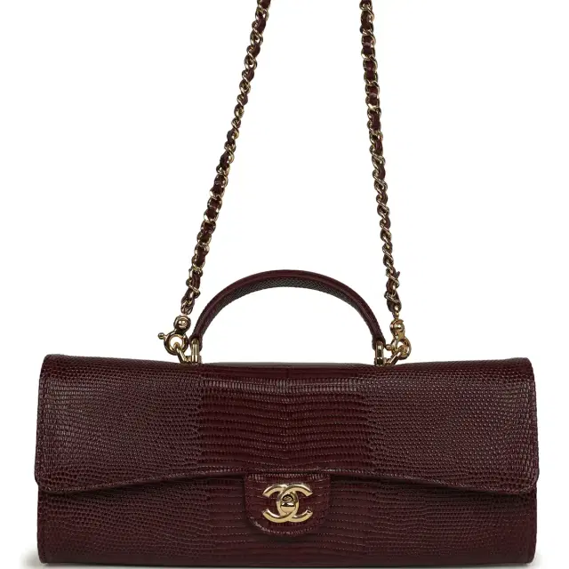 Chanel Chanel Long Top Handle Clutch with Chain Dark Burgundy Lizard Embossed Calfskin Gold Hardware