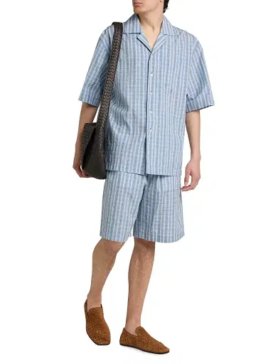 Bottega Veneta Men's Check Cotton-Silk Shorts - Blue White Stone | Thumbnail 2