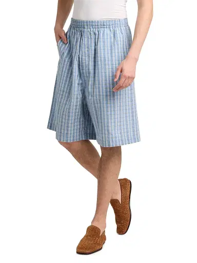 Bottega Veneta Men's Check Cotton-Silk Shorts - Blue White Stone | Thumbnail 4