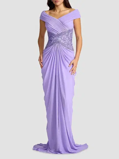 Tadashi Shoji Women's Pleated Chiffon & Metallic Lace Gown - Lavender Mist | Thumbnail 2
