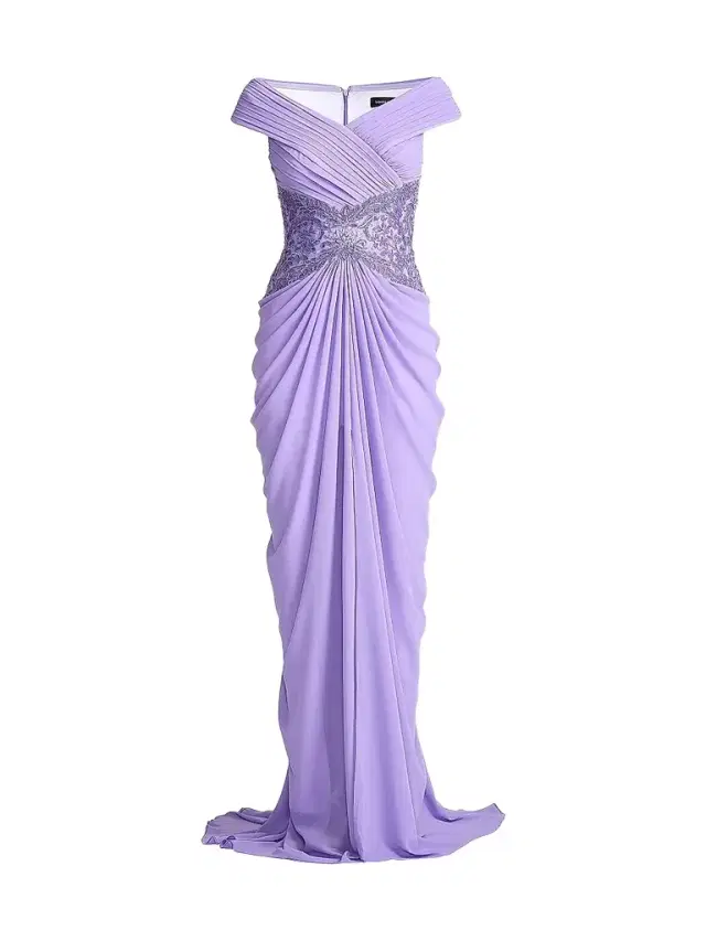 Women's Pleated Chiffon & Metallic Lace Gown - Lavender Mist