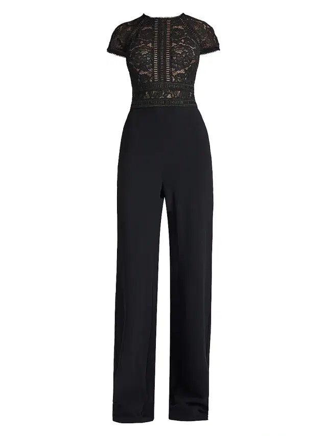 Tadashi Shoji Women's Corded Lace Short-Sleeve Jumpsuit - Black Beige