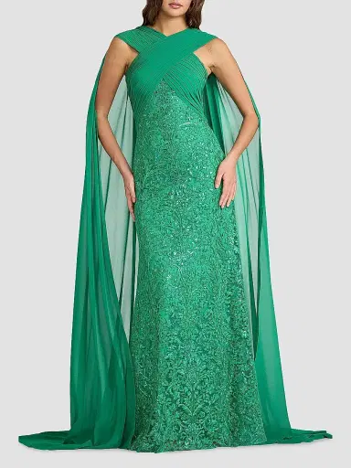 Tadashi Shoji Women's Sequin-Embroidered Lace Cape Gown | Thumbnail 2